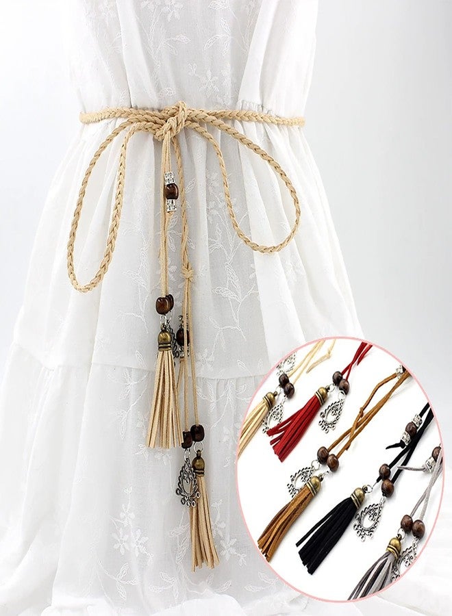 NIDMIDO Women's PU Leather Waist Belts Woven Tassels Chain Belt Skinny Rope Belt Chain for Skirt Dress Boho Style (Khaki) - Image 2